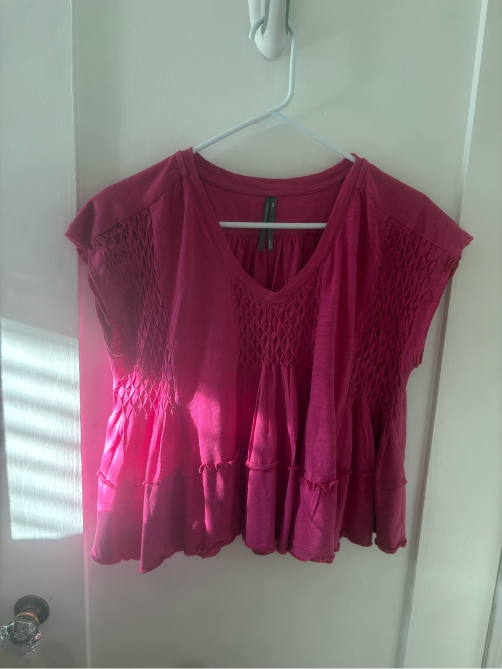 Anthropologie Raspberry Smocked Flutter Sleeve Tunic